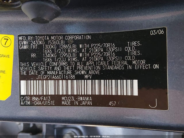 Aukcja sprzedaży 2006 Toyota Highlander V6, vin: JTEGP21A660116188, numer aukcji: 46386210