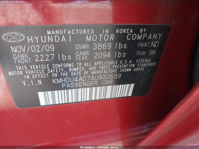 Продажа на аукционе авто 2010 Hyundai Elantra Gls, vin: KMHDU4AD7AU930689, номер лота: 46386213