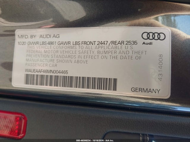 Продажа на аукционе авто 2021 Audi A4 Premium Plus 45 Tfsi S Line Quattro S Tronic, vin: WAUEAAF46MN004465, номер лота: 46386234