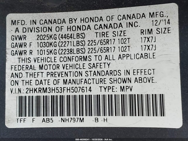 Продаж на аукціоні авто 2015 Honda Cr-v Ex, vin: 2HKRM3H53FH507614, номер лоту: 46386241