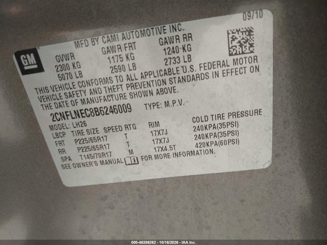 Aukcja sprzedaży 2011 Chevrolet Equinox 2lt, vin: 2CNFLNEC8B6246009, numer aukcji: 46386262