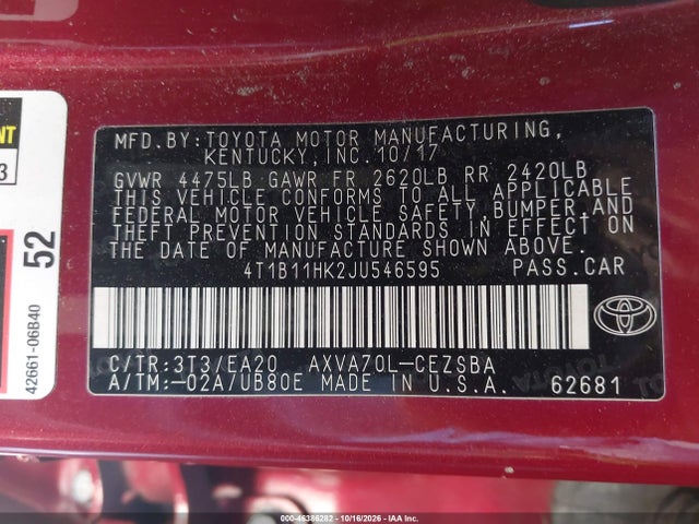 46386282 :رقم المزاد ، 4T1B11HK2JU546595 vin ، 2018 Toyota Camry Se مزاد بيع