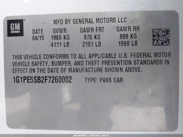 46386337 :رقم المزاد ، 1G1PE5SB2F7260002 vin ، 2015 Chevrolet Cruze 2lt Auto مزاد بيع