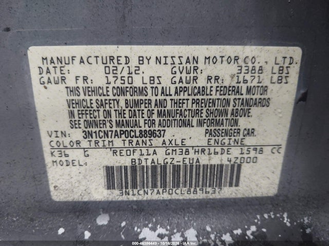 2012 Nissan Versa 1.6 Sl მანქანა იყიდება აუქციონზე, vin: 3N1CN7AP0CL889637, აუქციონის ნომერი: 46386449