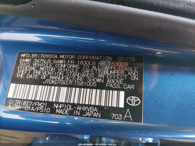 Aukcja sprzedaży 2015 Toyota Prius C Two, vin: JTDKDTB37F1581005, numer aukcji: 46386485