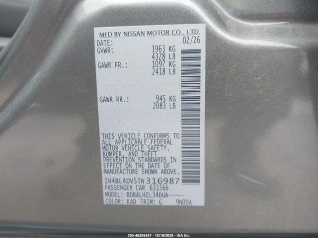 Продаж на аукціоні авто 2026 Nissan Altima Sv Fwd, vin: 1N4BL4DV5TN316987, номер лоту: 46386497