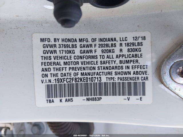 46386561 :رقم المزاد ، 19XFC2F82KE010713 vin ، 2019 Honda Civic Sport مزاد بيع