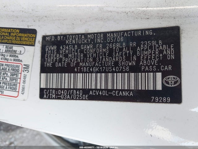 Продаж на аукціоні авто 2007 Toyota Camry Le, vin: 4T1BE46K17U540756, номер лоту: 46386571