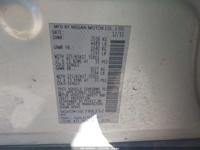 46386592 :رقم المزاد ، 5N1AT2MT5GC786152 vin ، 2016 Nissan Rogue S/sl/sv مزاد بيع