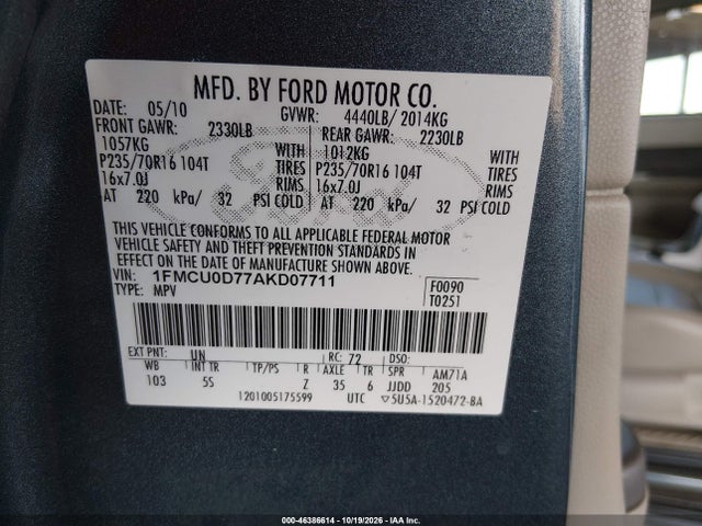 Продаж на аукціоні авто 2010 Ford Escape Xlt, vin: 1FMCU0D77AKD07711, номер лоту: 46386614