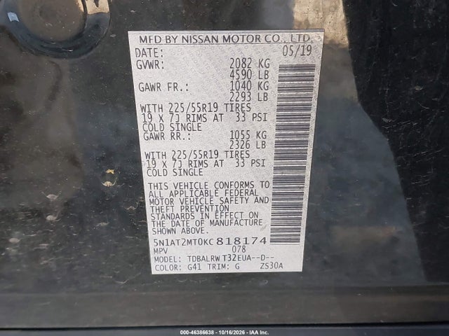 Продаж на аукціоні авто 2019 Nissan Rogue Sl, vin: 5N1AT2MT0KC818174, номер лоту: 46386638