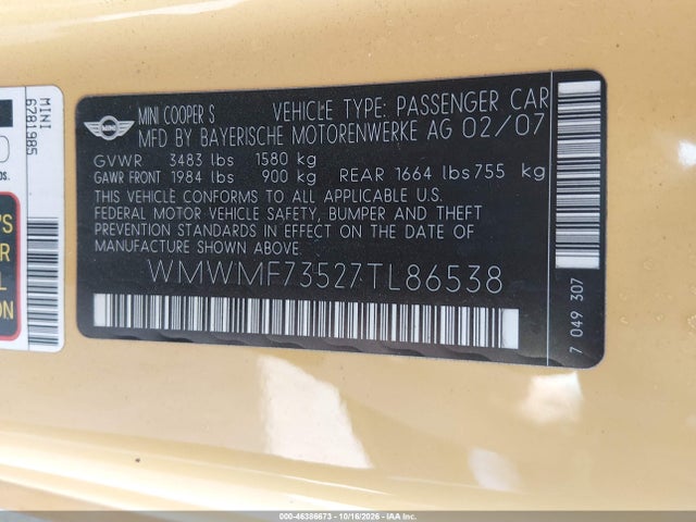 2007 Mini Cooper S მანქანა იყიდება აუქციონზე, vin: WMWMF73527TL86538, აუქციონის ნომერი: 46386673