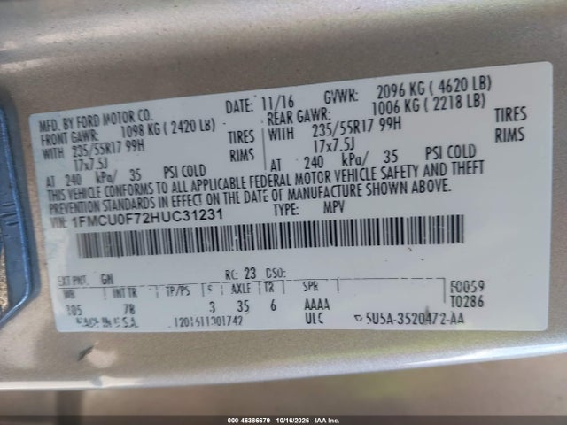 46386679 :رقم المزاد ، 1FMCU0F72HUC31231 vin ، 2017 Ford Escape S مزاد بيع