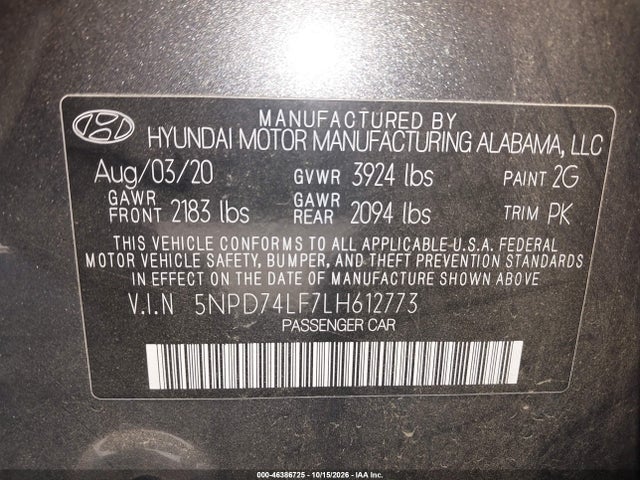 Aukcja sprzedaży 2020 Hyundai Elantra Se, vin: 5NPD74LF7LH612773, numer aukcji: 46386725