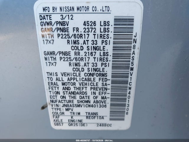 Продаж на аукціоні авто 2012 Nissan Rogue Sv, vin: JN8AS5MV1CW401306, номер лоту: 46386757
