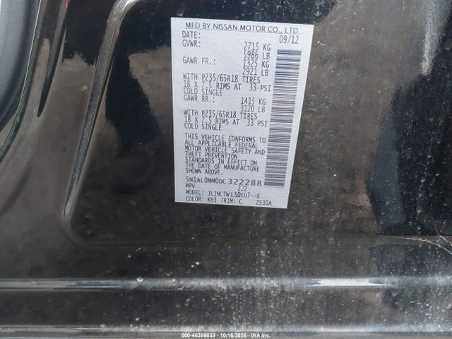 46386859 :رقم المزاد ، 5N1AL0MM0DC322288 vin ، 2013 Infiniti Jx35 مزاد بيع