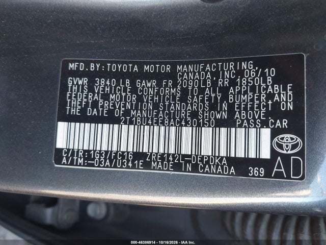 Aukcja sprzedaży 2010 Toyota Corolla Le, vin: 2T1BU4EE8AC430150, numer aukcji: 46386914