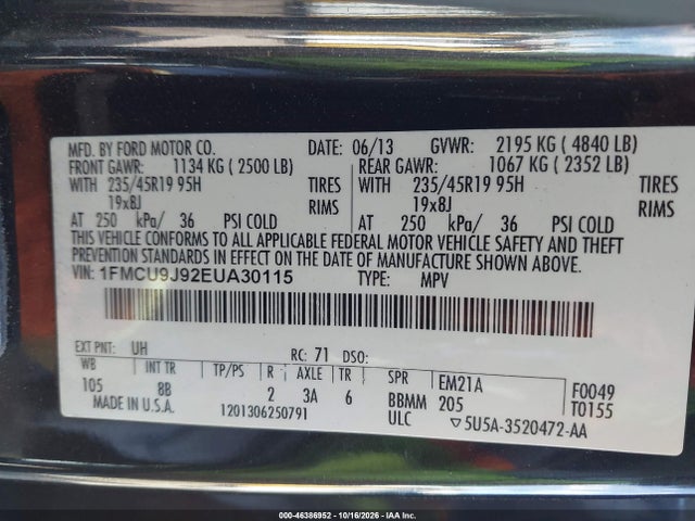 2014 Ford Escape Titanium მანქანა იყიდება აუქციონზე, vin: 1FMCU9J92EUA30115, აუქციონის ნომერი: 46386952