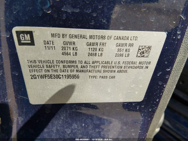 Aukcja sprzedaży 2012 Chevrolet Impala Ls, vin: 2G1WF5E30C1195950, numer aukcji: 46386961