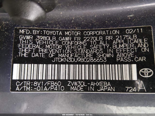 Aukcja sprzedaży 2011 Toyota Prius Three, vin: JTDKN3DU9B0286653, numer aukcji: 46386997