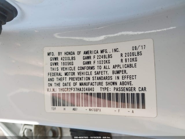 Aukcja sprzedaży 2017 Honda Accord Lx, vin: 1HGCR2F37HA304840, numer aukcji: 46387003
