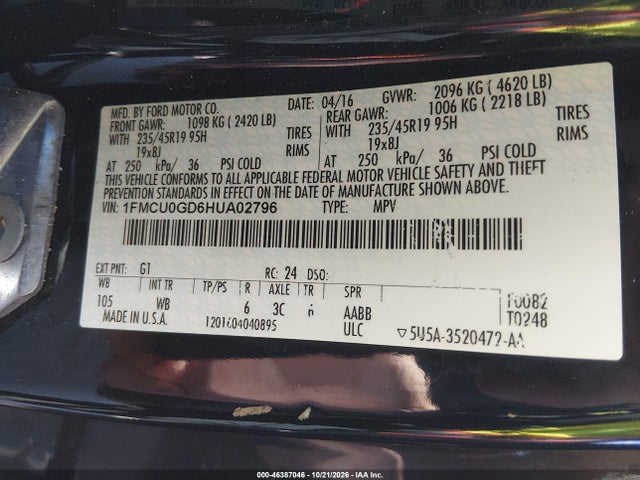 1FMCU0GD6HUA02796 Ford ESCAPE SE