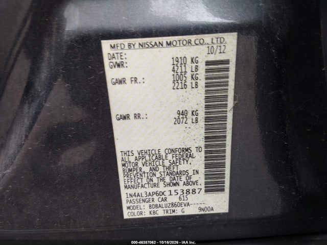 Продажа на аукционе авто 2013 Nissan Altima 2.5 Sv, vin: 1N4AL3AP6DC153887, номер лота: 46387062