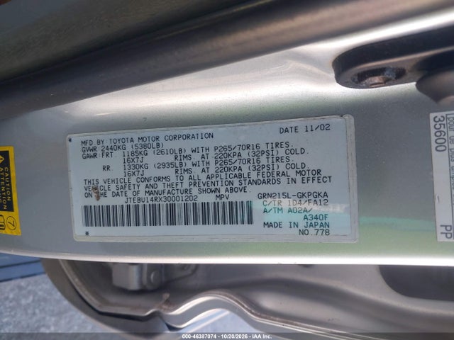 Продаж на аукціоні авто 2003 Toyota 4runner Sr5 V6, vin: JTEBU14RX30001202, номер лоту: 46387074