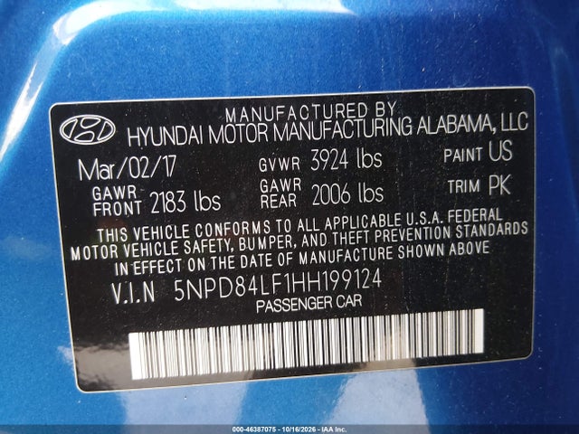 Продаж на аукціоні авто 2017 Hyundai Elantra Se, vin: 5NPD84LF1HH199124, номер лоту: 46387075
