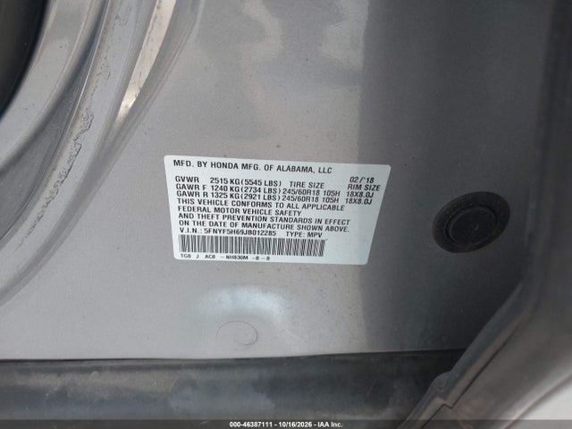 Продаж на аукціоні авто 2018 Honda Pilot Ex-l, vin: 5FNYF5H69JB012285, номер лоту: 46387111