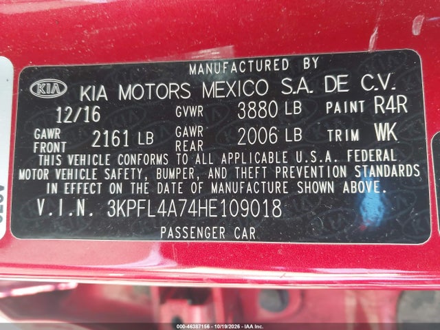 Продажа на аукционе авто 2017 Kia Forte S, vin: 3KPFL4A74HE109018, номер лота: 46387156