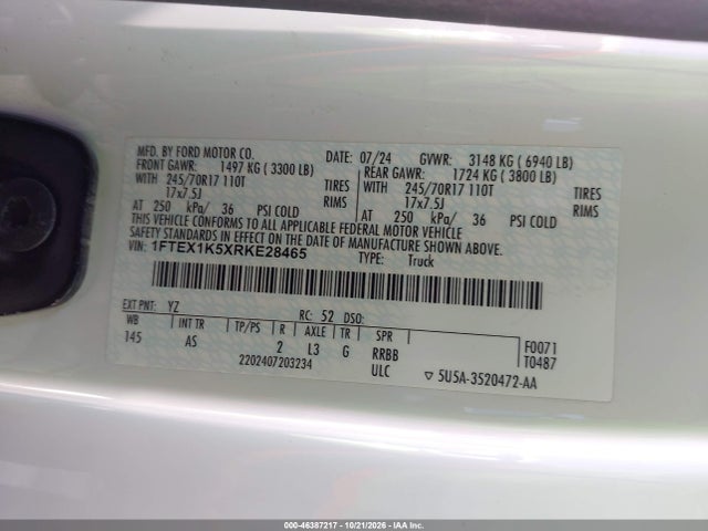 2024 Ford F-150 Xl მანქანა იყიდება აუქციონზე, vin: 1FTEX1K5XRKE28465, აუქციონის ნომერი: 46387217