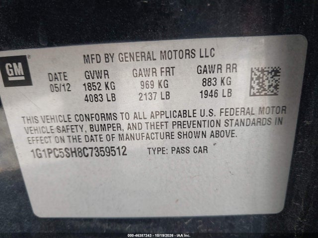 2012 Chevrolet Cruze Ls მანქანა იყიდება აუქციონზე, vin: 1G1PC5SH8C7359512, აუქციონის ნომერი: 46387243