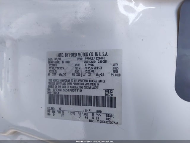 2001 Ford Ranger Edge/xlt მანქანა იყიდება აუქციონზე, vin: 1FTYR15E51PB57910, აუქციონის ნომერი: 46387264