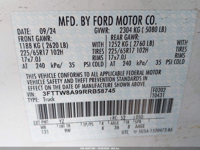 2024 Ford Maverick Xl მანქანა იყიდება აუქციონზე, vin: 3FTTW8A99RRB58745, აუქციონის ნომერი: 46387268