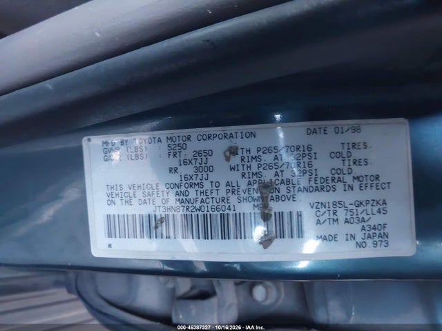 1998 Toyota 4runner Sr5 V6 Limited მანქანა იყიდება აუქციონზე, vin: JT3HN87R2W0166041, აუქციონის ნომერი: 46387327