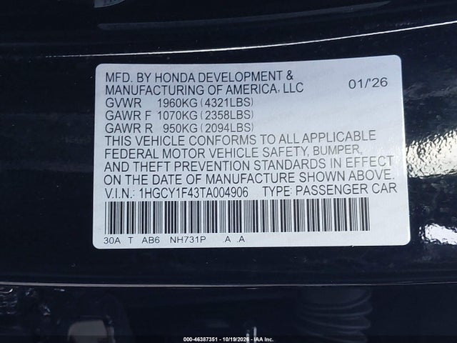 1HGCY1F43TA004906 Honda ACCORD SE