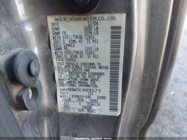Продажа на аукционе авто 2005 Nissan Frontier Se, vin: 1N6AD06W25C409575, номер лота: 46387392