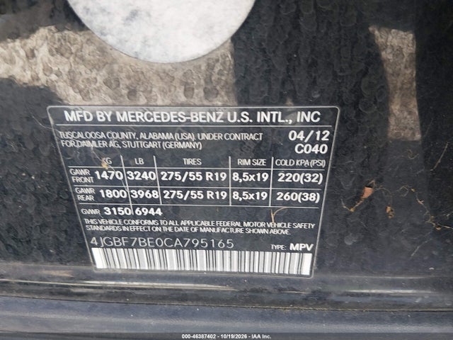 46387402 :رقم المزاد ، 4JGBF7BE0CA795165 vin ، 2012 Mercedes-benz Gl 450 4matic مزاد بيع