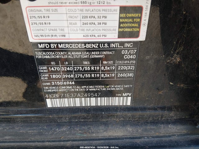 2007 Mercedes-benz Gl 450 4matic მანქანა იყიდება აუქციონზე, vin: 4JGBF71E37A249547, აუქციონის ნომერი: 46387434