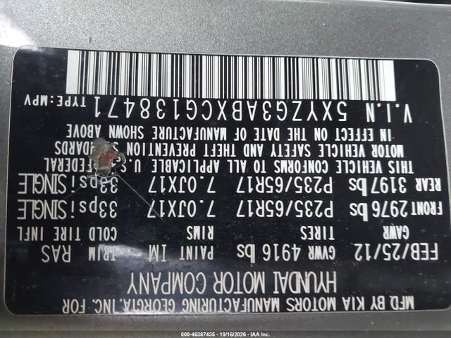 Aukcja sprzedaży 2012 Hyundai Santa Fe Gls, vin: 5XYZG3ABXCG138471, numer aukcji: 46387435