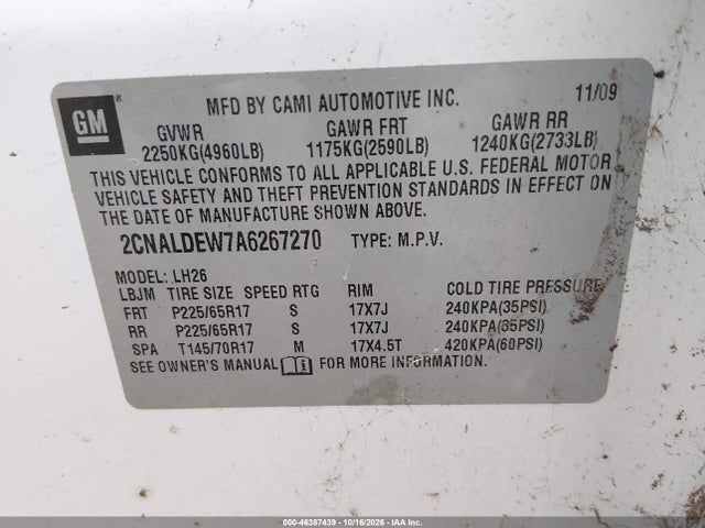 46387439 :رقم المزاد ، 2CNALDEW7A6267270 vin ، 2010 Chevrolet Equinox Lt مزاد بيع