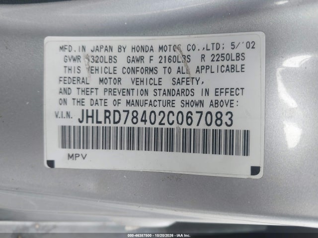 Продаж на аукціоні авто 2002 Honda Cr-v Lx, vin: JHLRD78402C067083, номер лоту: 46387500