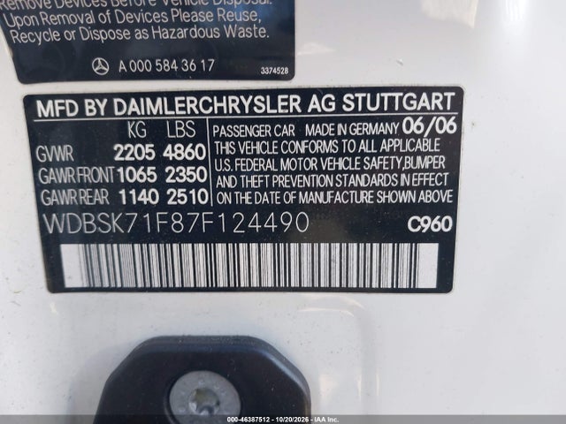 Продаж на аукціоні авто 2007 Mercedes-benz Sl 550, vin: WDBSK71F87F124490, номер лоту: 46387512