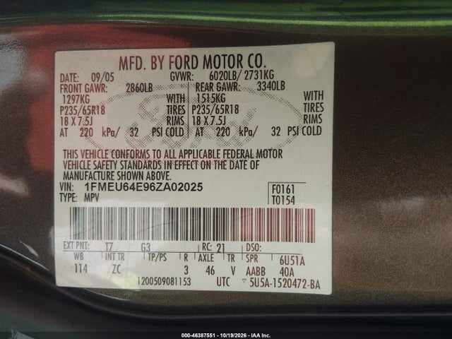 46387551 :رقم المزاد ، 1FMEU64E96ZA02025 vin ، 2006 Ford Explorer Eddie Bauer مزاد بيع