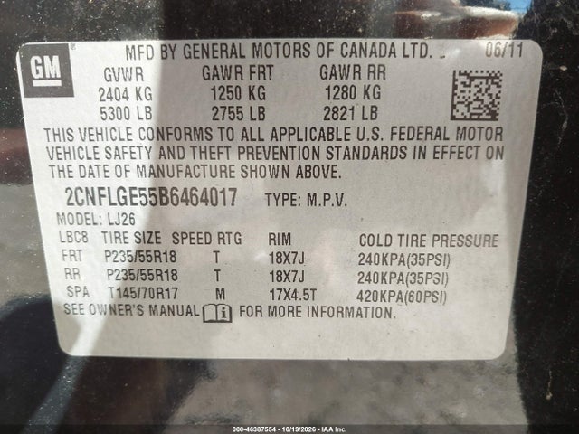 Aukcja sprzedaży 2011 Chevrolet Equinox Ltz, vin: 2CNFLGE55B6464017, numer aukcji: 46387554