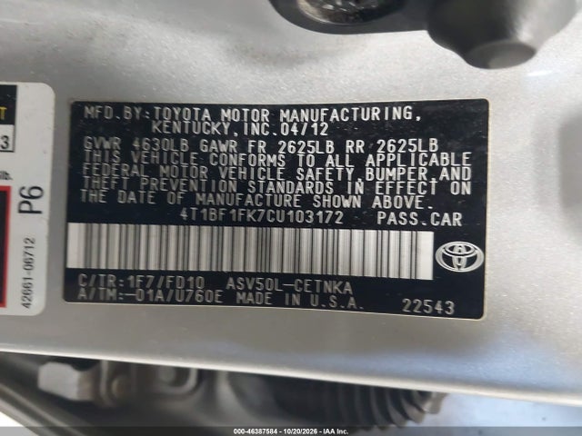 Aukcja sprzedaży 2012 Toyota Camry Le, vin: 4T1BF1FK7CU103172, numer aukcji: 46387584