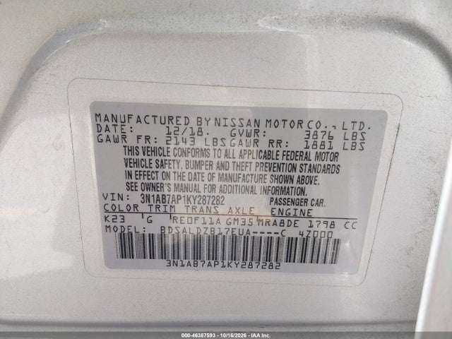 Продаж на аукціоні авто 2019 Nissan Sentra Sv, vin: 3N1AB7AP1KY287282, номер лоту: 46387593