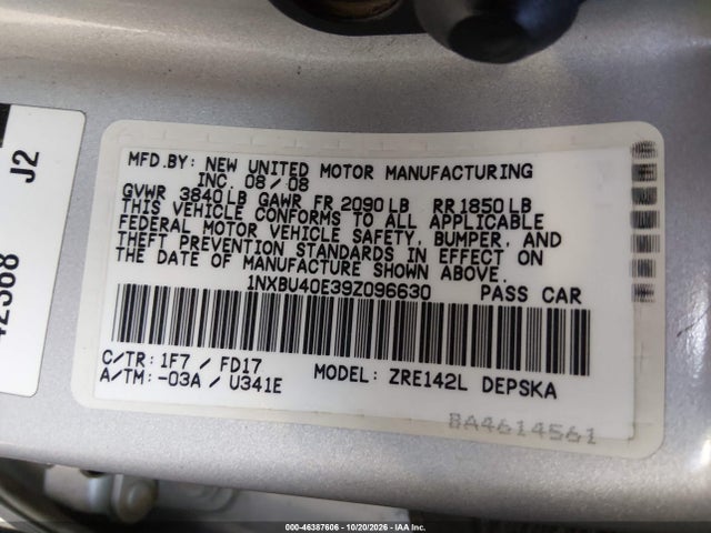Aukcja sprzedaży 2009 Toyota Corolla S, vin: 1NXBU40E39Z096630, numer aukcji: 46387606