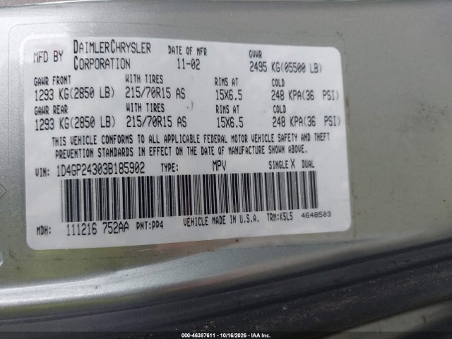 Продаж на аукціоні авто 2003 Dodge Grand Caravan Se, vin: 1D4GP24303B185902, номер лоту: 46387611
